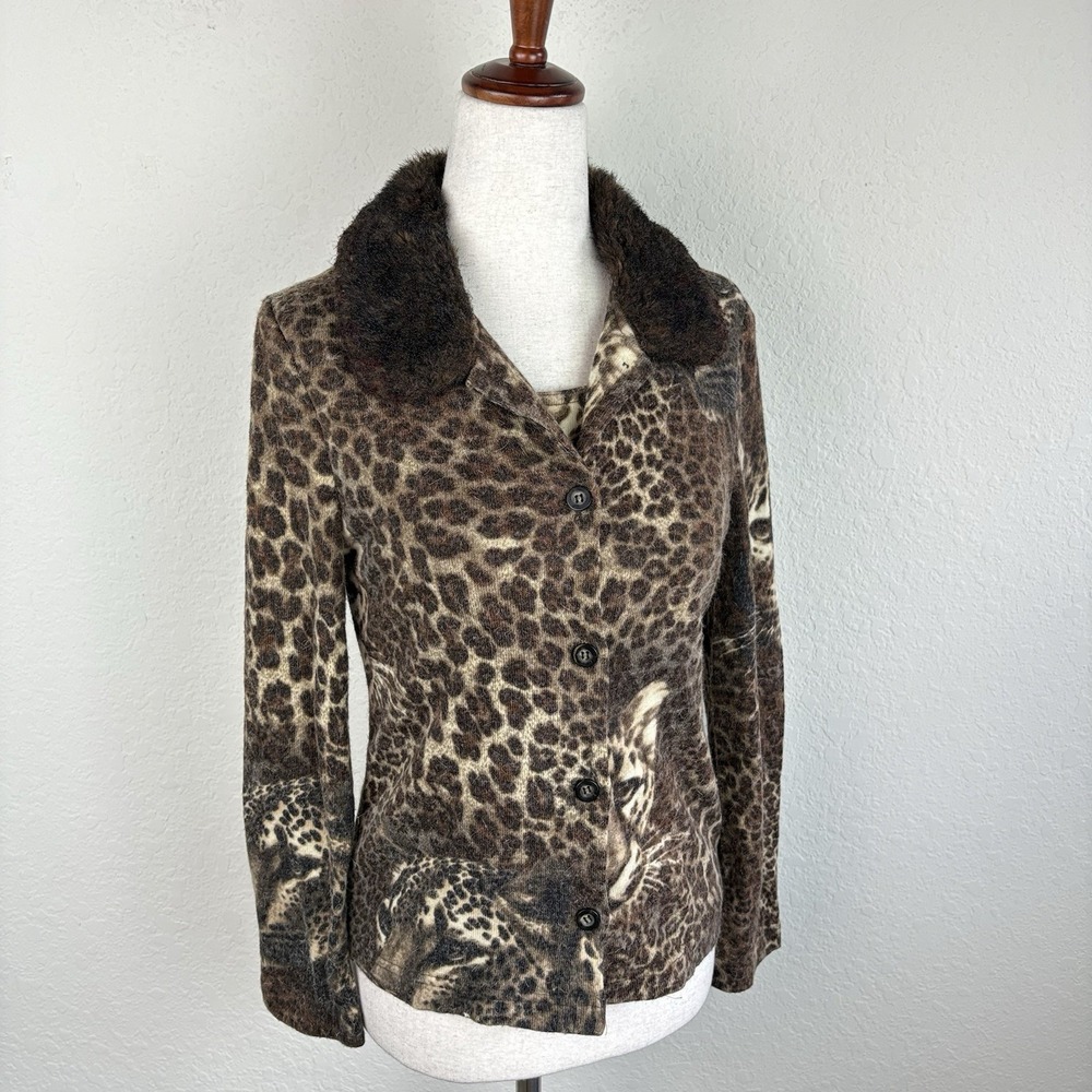 Vtg Size M Cardigan Cat Print Y2k Zoo Theme Fur Collar Animal Jungle Brown